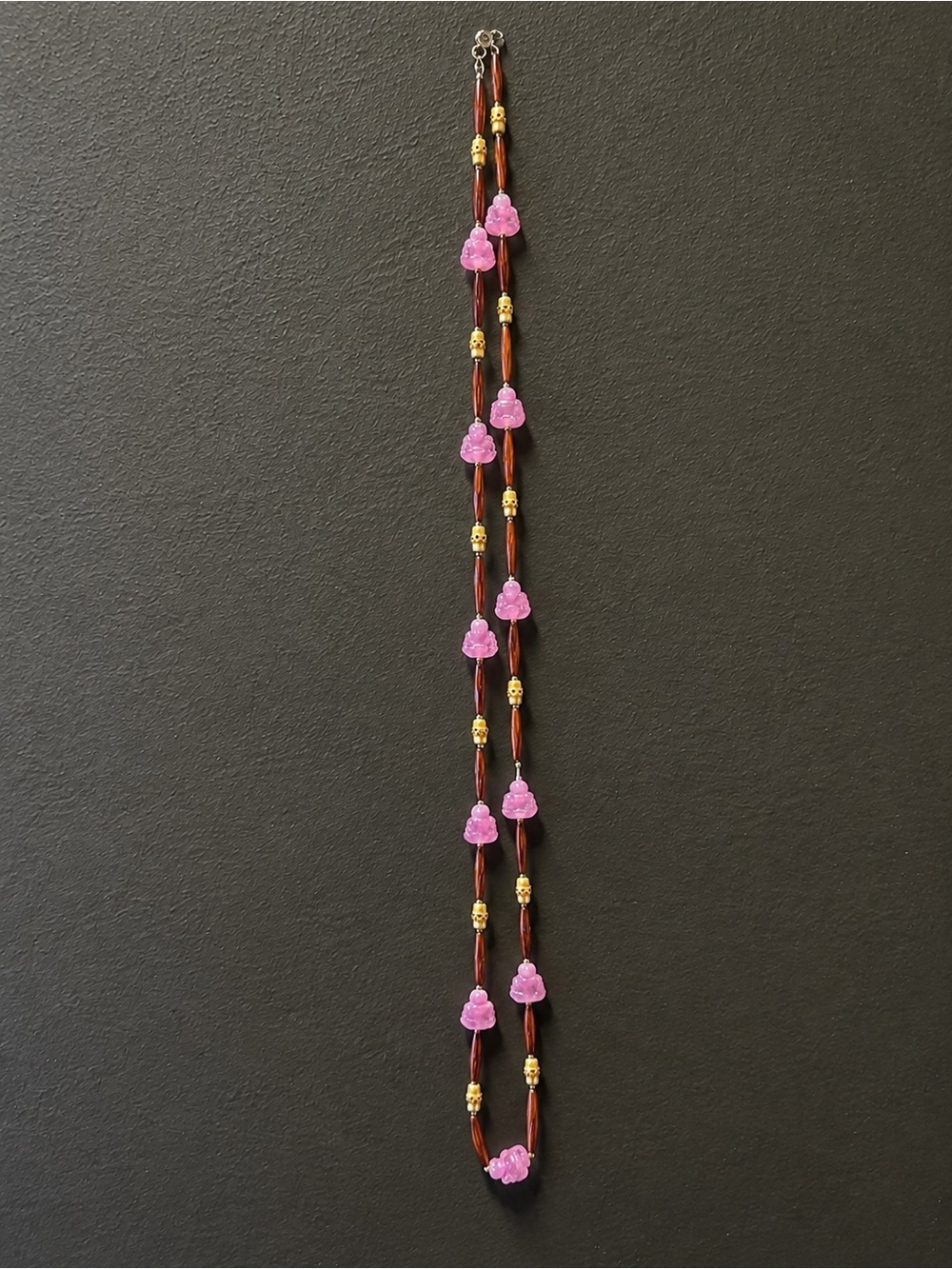 Vintage Mid-Century Pink Molded Buddha Beaded Sautoir Necklace
